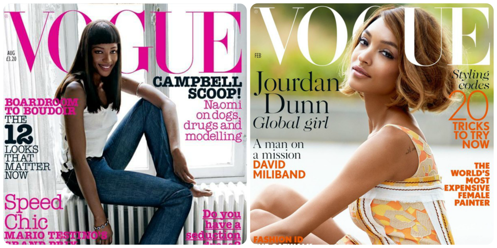 Capa da Vogue britânica com Naomi em 2012 e com Jourdan em 2014 (12 anos é muuuuuuuita coisa, mas simbora!)